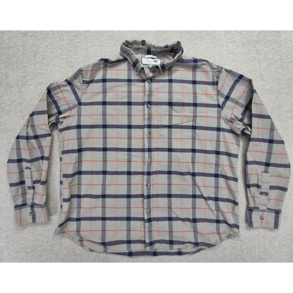 Old Navy Oxford Shirt Mens 2XLT Tall Beige Navy Plaid Regular Fit Long Sleeve